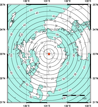 緊急地震速報第1報提供から主要動到達までの時間及び推計震度分布図