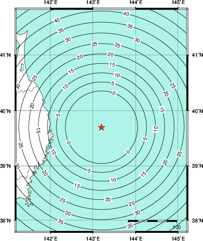 緊急地震速報第1報提供から主要動到達までの時間及び推計震度分布図