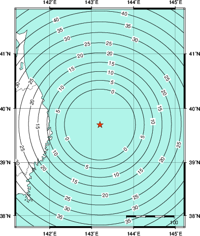 緊急地震速報第1報提供から主要動到達までの時間及び推計震度分布図