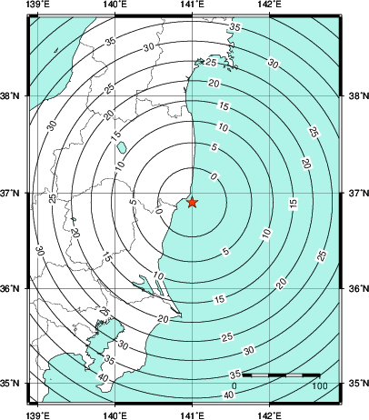 緊急地震速報第1報提供から主要動到達までの時間及び推計震度分布図