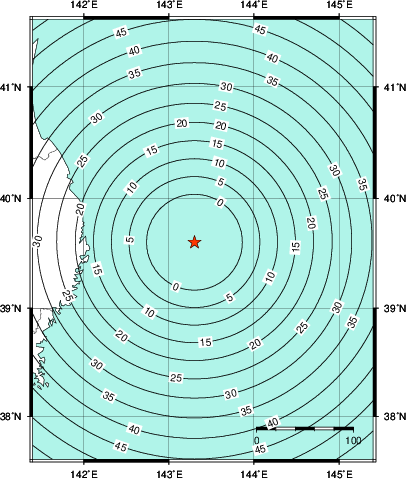 緊急地震速報第1報提供から主要動到達までの時間及び推計震度分布図