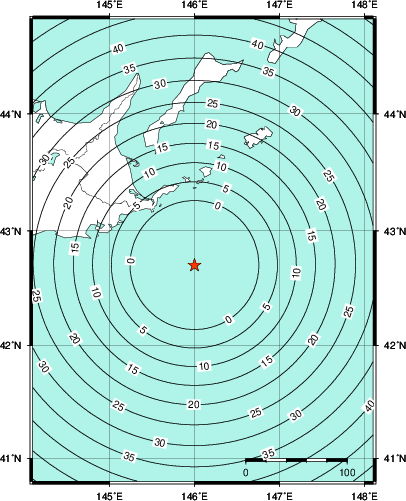 緊急地震速報第1報提供から主要動到達までの時間及び推計震度分布図