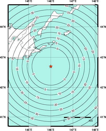 緊急地震速報第1報提供から主要動到達までの時間及び推計震度分布図