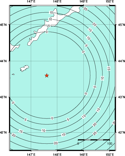 緊急地震速報第1報提供から主要動到達までの時間及び推計震度分布図