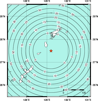 緊急地震速報第1報提供から主要動到達までの時間及び推計震度分布図