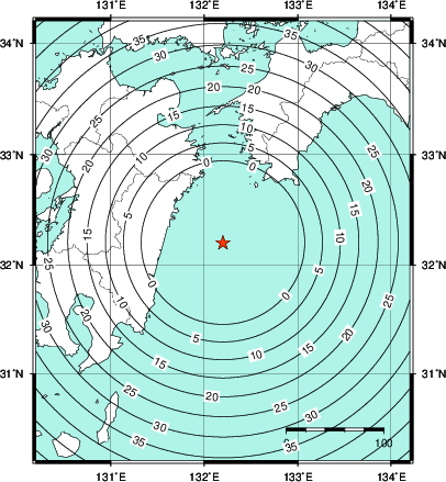 緊急地震速報第1報提供から主要動到達までの時間及び推計震度分布図