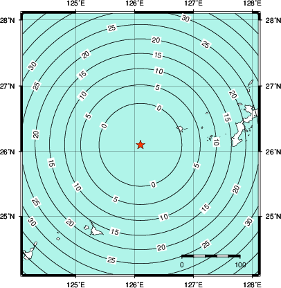 緊急地震速報第1報提供から主要動到達までの時間及び推計震度分布図