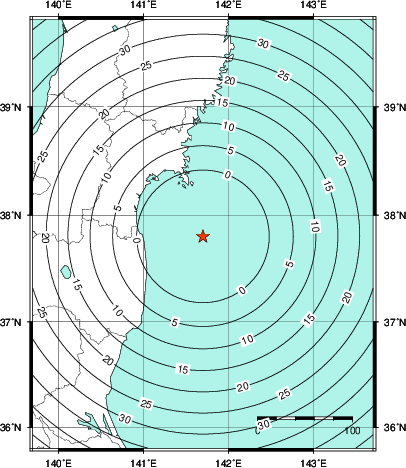 緊急地震速報第1報提供から主要動到達までの時間及び推計震度分布図