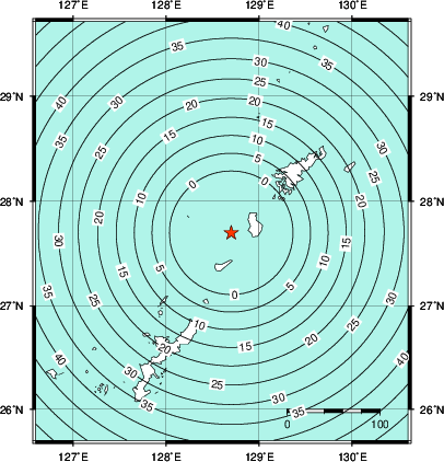 緊急地震速報第1報提供から主要動到達までの時間及び推計震度分布図