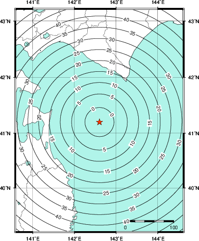 緊急地震速報第1報提供から主要動到達までの時間及び推計震度分布図