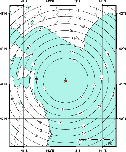 緊急地震速報第1報提供から主要動到達までの時間及び推計震度分布図