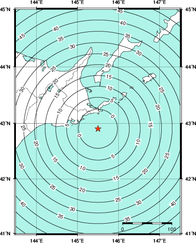緊急地震速報第1報提供から主要動到達までの時間及び推計震度分布図