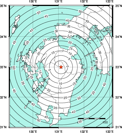 緊急地震速報第1報提供から主要動到達までの時間及び推計震度分布図