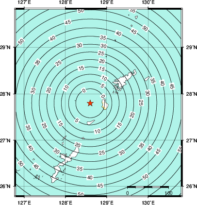 緊急地震速報第1報提供から主要動到達までの時間及び推計震度分布図