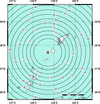 緊急地震速報第1報提供から主要動到達までの時間及び推計震度分布図