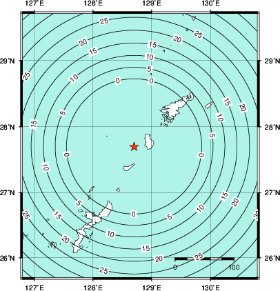 緊急地震速報第1報提供から主要動到達までの時間及び推計震度分布図
