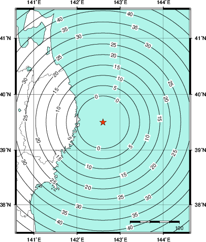 緊急地震速報第1報提供から主要動到達までの時間及び推計震度分布図