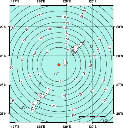緊急地震速報第1報提供から主要動到達までの時間及び推計震度分布図