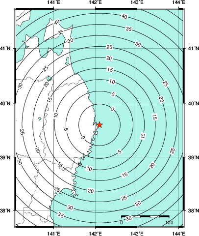 緊急地震速報第1報提供から主要動到達までの時間及び推計震度分布図