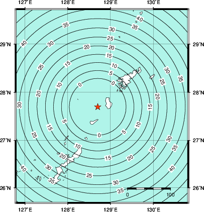 緊急地震速報第1報提供から主要動到達までの時間及び推計震度分布図