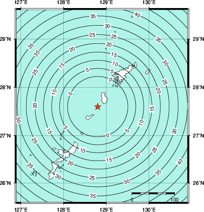 緊急地震速報第1報提供から主要動到達までの時間及び推計震度分布図