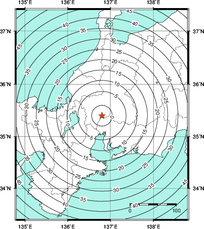 緊急地震速報第1報提供から主要動到達までの時間及び推計震度分布図