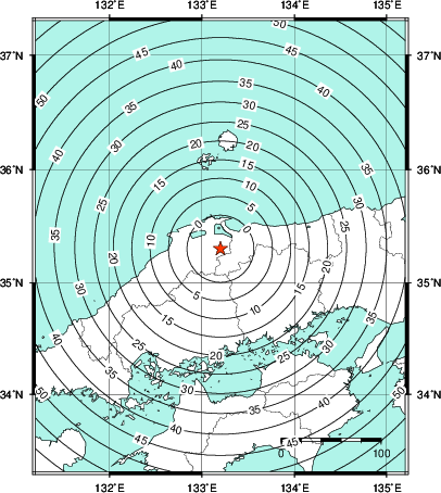 緊急地震速報第1報提供から主要動到達までの時間及び推計震度分布図