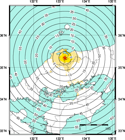 緊急地震速報第1報提供から主要動到達までの時間及び推計震度分布図