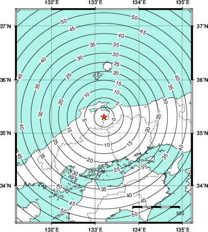 緊急地震速報第1報提供から主要動到達までの時間及び推計震度分布図