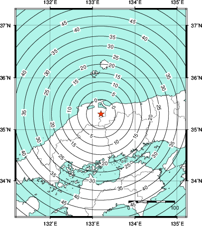 緊急地震速報第1報提供から主要動到達までの時間及び推計震度分布図