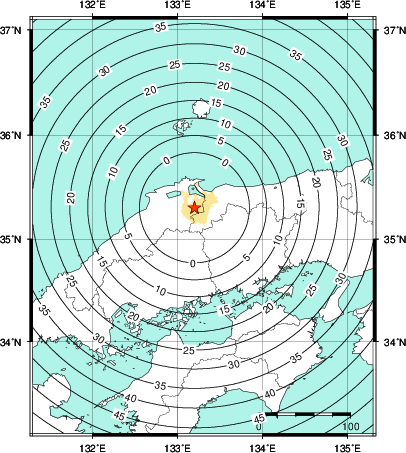 緊急地震速報第1報提供から主要動到達までの時間及び推計震度分布図