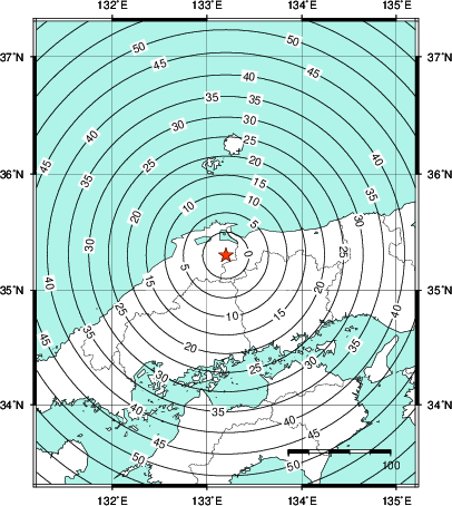 緊急地震速報第1報提供から主要動到達までの時間及び推計震度分布図