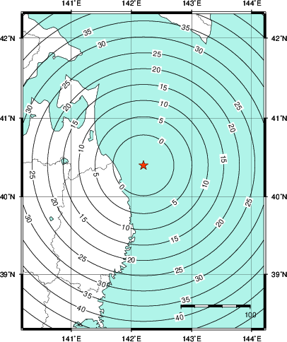緊急地震速報第1報提供から主要動到達までの時間及び推計震度分布図