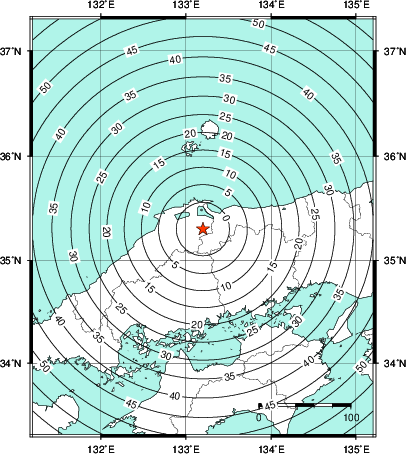 緊急地震速報第1報提供から主要動到達までの時間及び推計震度分布図