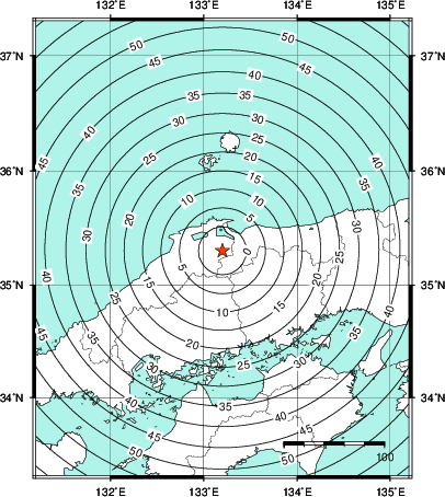 緊急地震速報第1報提供から主要動到達までの時間及び推計震度分布図