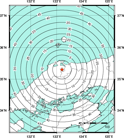 緊急地震速報第1報提供から主要動到達までの時間及び推計震度分布図