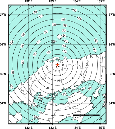 緊急地震速報第1報提供から主要動到達までの時間及び推計震度分布図