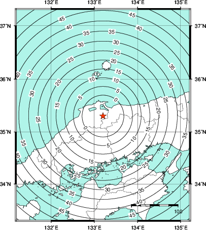 緊急地震速報第1報提供から主要動到達までの時間及び推計震度分布図
