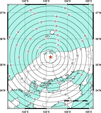 緊急地震速報第1報提供から主要動到達までの時間及び推計震度分布図