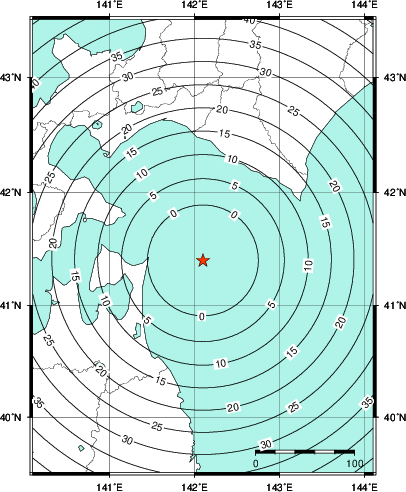 緊急地震速報第1報提供から主要動到達までの時間及び推計震度分布図