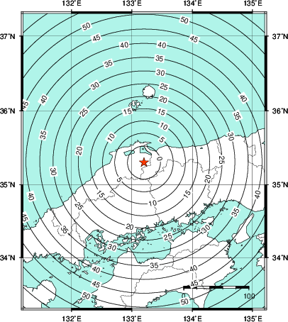 緊急地震速報第1報提供から主要動到達までの時間及び推計震度分布図