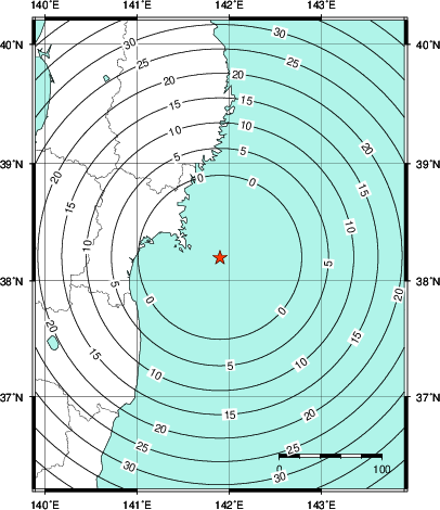緊急地震速報第1報提供から主要動到達までの時間及び推計震度分布図