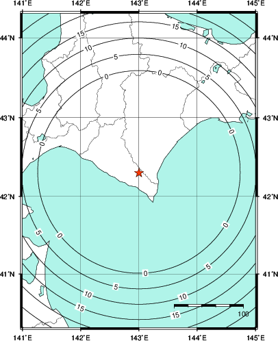 緊急地震速報第1報提供から主要動到達までの時間及び推計震度分布図