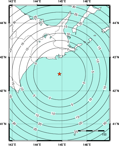 緊急地震速報第1報提供から主要動到達までの時間及び推計震度分布図