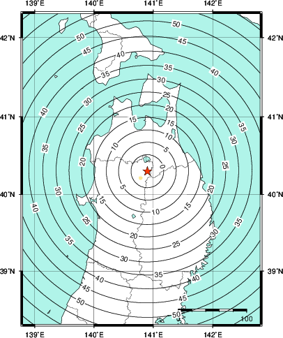 緊急地震速報第1報提供から主要動到達までの時間及び推計震度分布図