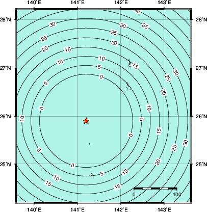 緊急地震速報第1報提供から主要動到達までの時間及び推計震度分布図