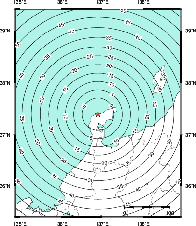 緊急地震速報第1報提供から主要動到達までの時間及び推計震度分布図
