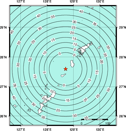 緊急地震速報第1報提供から主要動到達までの時間及び推計震度分布図