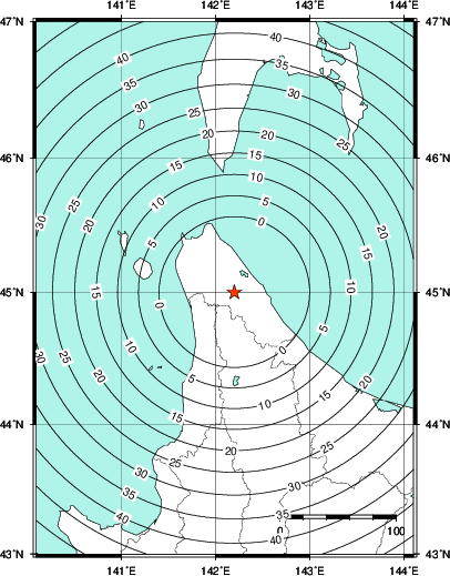 緊急地震速報第1報提供から主要動到達までの時間及び推計震度分布図