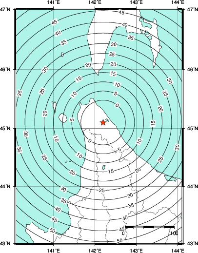 緊急地震速報第1報提供から主要動到達までの時間及び推計震度分布図